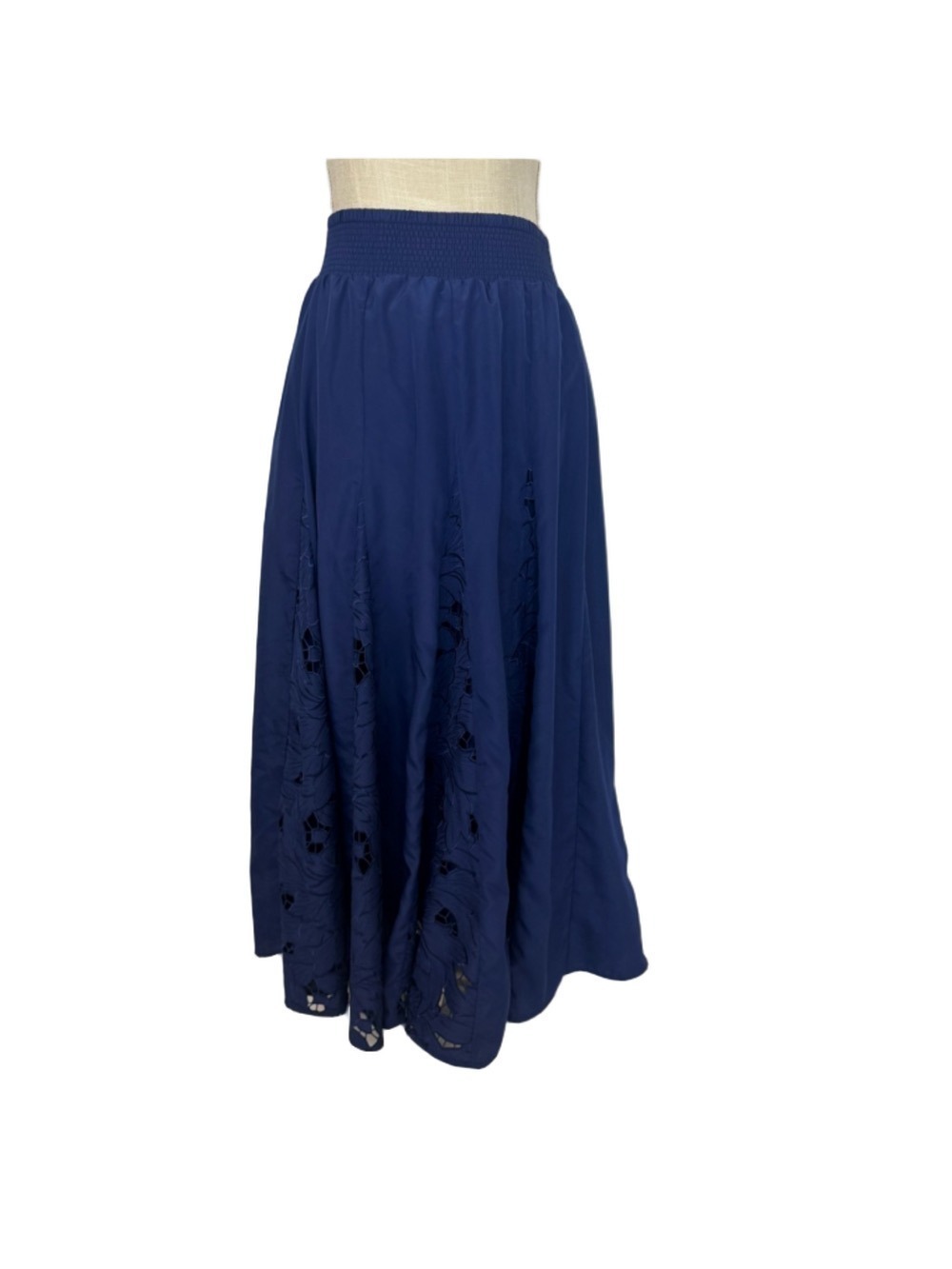 Chico's Maxi Navy Blue Eyelet Skirt Lace Panels Women’s Small Elasticized Waist